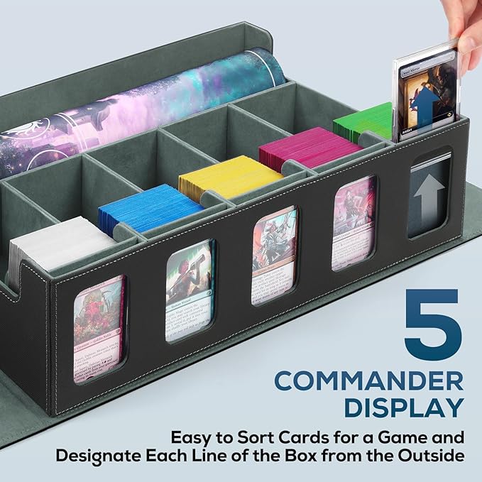 5-Row MTG Deck Box with Commander Display, Trading Card Storage Box for MTG TCG Sports Card,Card Deck Box with 1 Sieve box, 5 Toploaders, 5 Stoppers, 36 Colorful Dividers (Black & Grey)