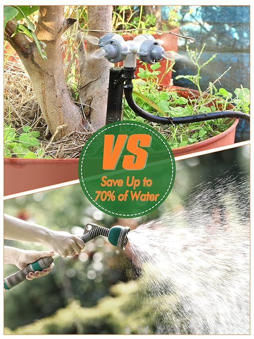 164FT Automatic Drip Irrigation Kit, Kalolary Micro Garden Watering System with 1/4" Distribution Tube Adjustable Sprinkler Equipment 4/7 Misting Nozzle Emitters Barbed Fittings for Greenhouse Patio