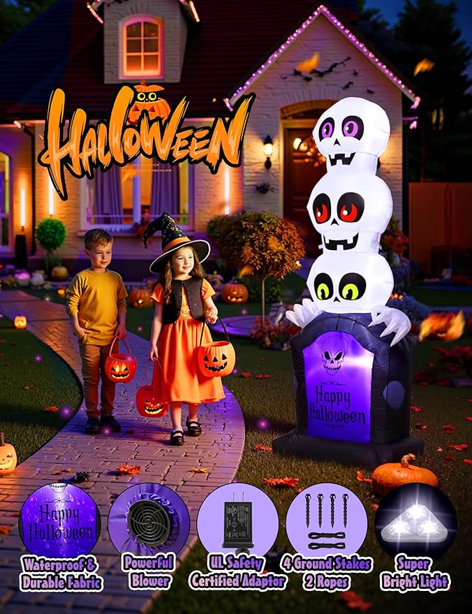 Halloween Inflatables Outdoor Decoration, 6.5FT Pumpkin/Tombstone/Black Cat/Ghost Tree, Cute Blow Up Yard Decor, for Outside Garage Door Graveyard Yard Porch Lawn (6.5FT Ghost+Tombstone)