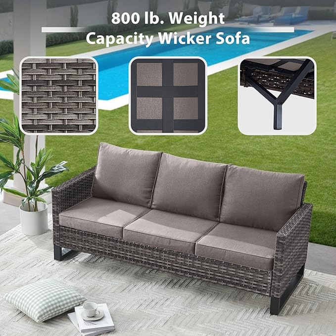 7 Piece Wicker Patio Furniture Set - Outdoor Swivel Rocker Chairs Set with Coffee Table, Side Table, 3 Seat Sofa & Ottomans, Small Patio Conversation Sets for Balcony Deck - Grey/Grey