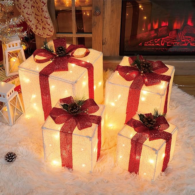 Set of 4 Christmas Lighted Gift Boxes, 70 LED Stackable Light Up Present Boxes for Christmas Decorations Indoor Outdoor Yard Lawn Porch Home Decor(Max. 10")