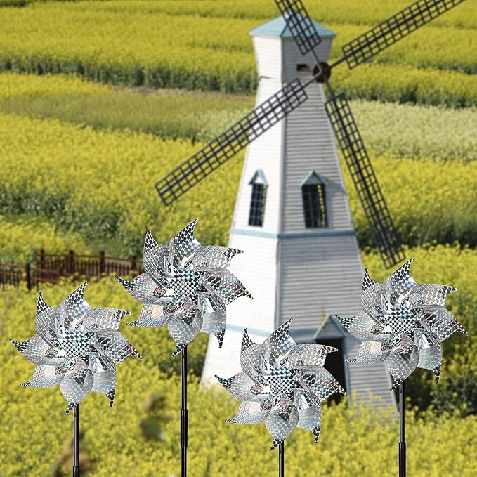 15 Pack Reflective Pinwheels with Stakes, 18.5" Plastic Bird Blinder Sparkly Pin Wheel Scare Birds and Animals Away Spinner Pinwheels for Lawn Yard Garden Farm