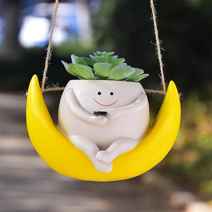 Swing Smiley Face Hanging Planter Pot for Indoor Outdoor Plants, Cute Swinging Plant Pot, Hanging Flower Pots, Face Planter Pot Head, Valentines Day Gifts for Her(Rocking Moon)