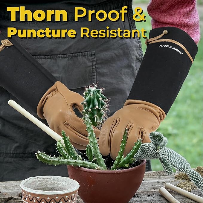 HANDLANDY Long Gardening Gloves for Men & Women, Cowhide Leather Rose Pruning Gloves, Breathable Thorn Proof Gauntlet Gloves (Brown-Cowhide, XL)