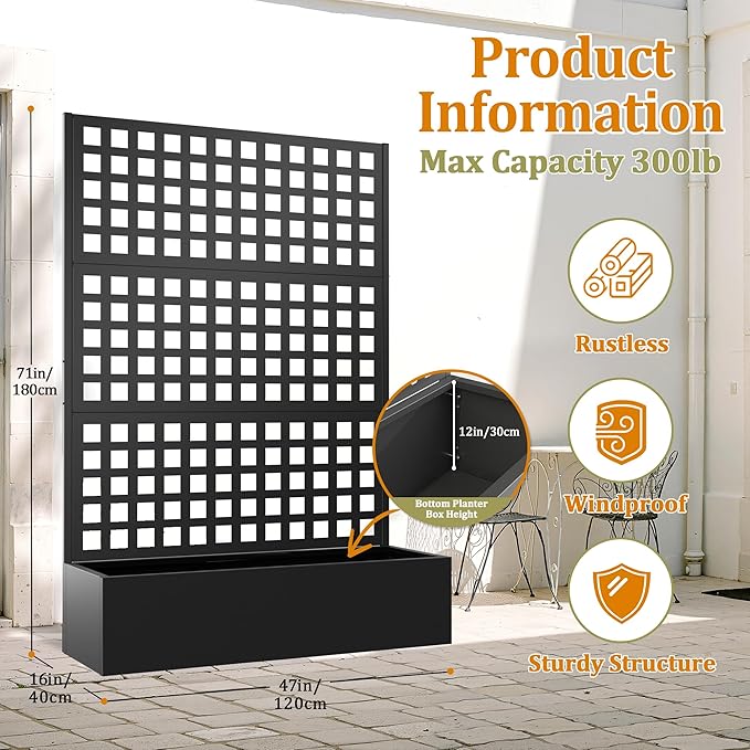 Metal Planter Box with Trellis, Heavy-Duty Raised Garden Bed for Climbing Plants, Drainage Hole, Outdoor Planter Box with Privacy Screen,47''L×16''W×71''H