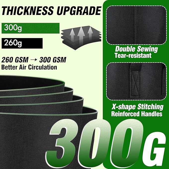 PHYEX 12-Pack 15 Gallon Grow Bags, Thickened 300G Nonwoven Fabric Pots with Reinforced Handles, Planting Bags for Healthy Root Growth, Vegetables, and Flowers, Come with 12 Pcs Plant Labels