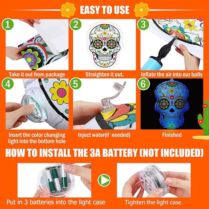 Jetec 6 Pcs 24 Inch Halloween Inflatable Sugar Skull Halloween Inflatable Blow Up Decorations Dia De Los Muertos Day of The Dead PVC Giant Sugar Skulls with LED Light for Mexican Fiesta Party Yard
