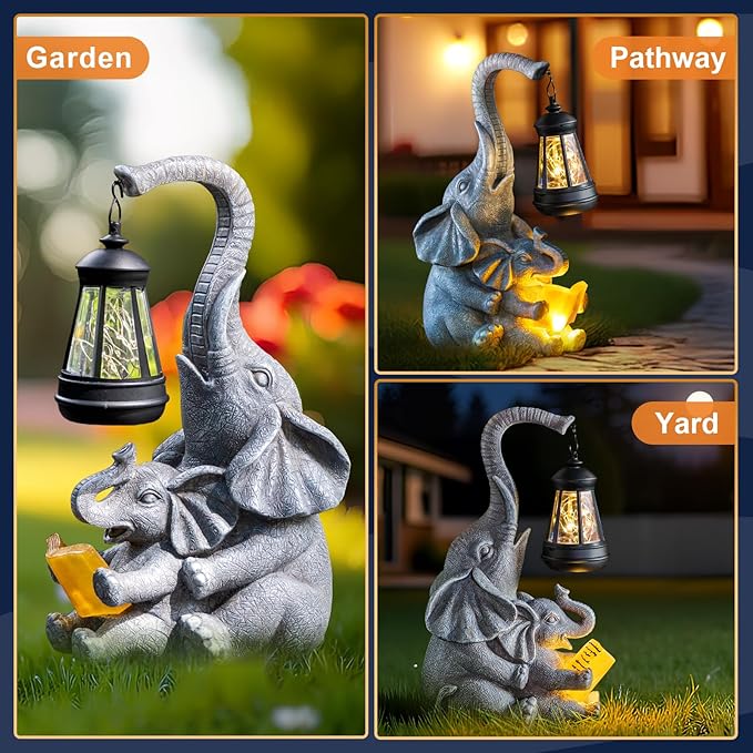 C&Y&G&X Solar Outdoor Garden Decor Elephant Statues Lights, Elephants Family Son Birthday Gifts for Mom, Housewarming Gifts and Yard Decoration
