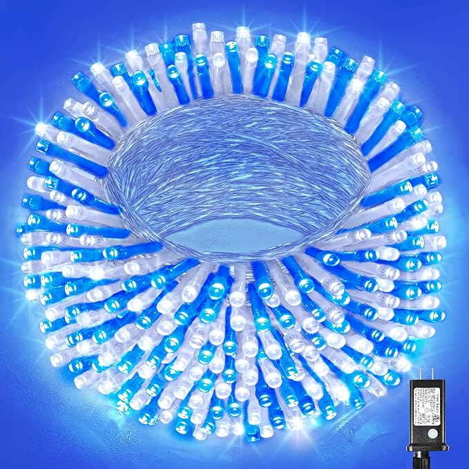 Vivideal Christmas String Lights Outdoor Waterproof 98FT 500 LED Blue and Green Fairy Lights Plug in with Timer Memory for Outside Garden Xmas Holiday