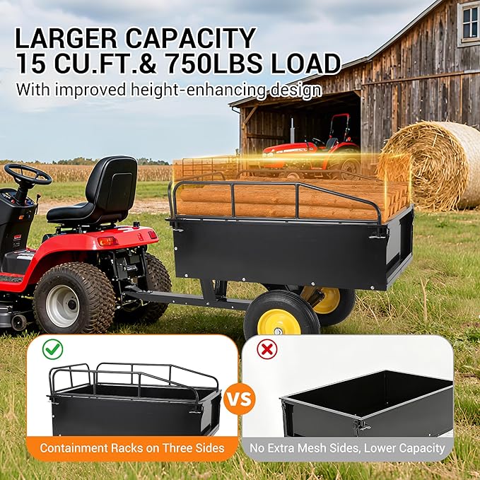 500LBS Heavy Duty Tow Behind ATV Trailer, Steel Dump Cart, Garden Utility Trailer with Removable Tailgate for Riding Lawn Mower Tractor, Black