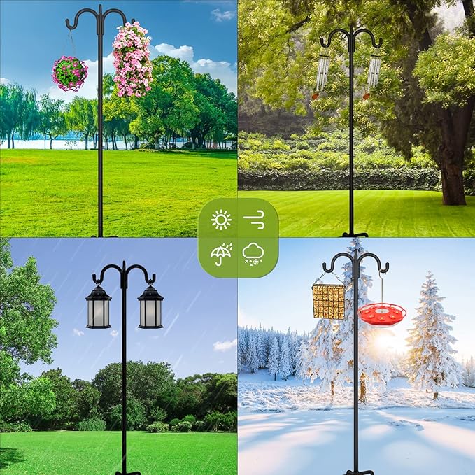 FEED GARDEN Adjustable Double Shepherds Hook for Outdoor with 5 Prong Base 92 Inch Heavy Duty Two Sided Bird Feeder Pole for Hanging Plant Baskets, Solar Light Lanterns, Wind Chimes 2 Pack