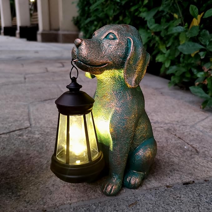 Dog Garden Statue Outdoor Décor with Solar Lights Lantern,Dog Solar Light Figurines Outside Decorations for Yard,Lawn ,Patio, Balcony, Unique Housewarming Gifts