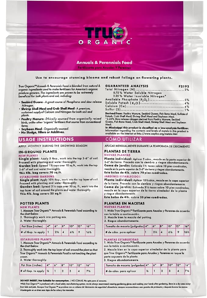 True Organic Annuals & Perennials Food – Organic Fertilizer for Stunning Blooms and Robust Foliage – 4lb Bag Covers 70 Sq. Ft.