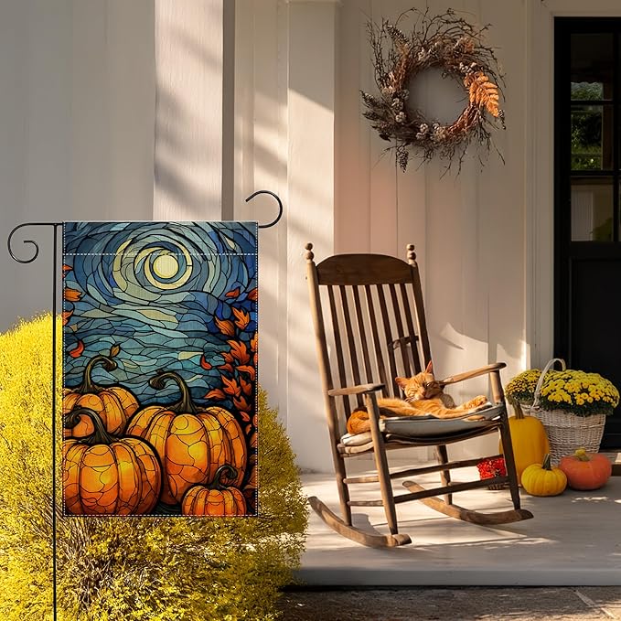 Garden Flags, Garden Flag, Stained Glass Style Pumpkin Maple Leaf Double-Sided Flags for Farmhouse Yard Outdoor Decoration-12 x 18inch (Pumpkin2)