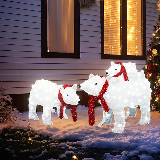 AWQM 3-Piece Lighted Polar Bear Family,Large Outdoor Indoor Christmas Decorations for Front Yard,Holiday Light Up Decorations w/ 210 LED Lights, Stakes, Zip Ties - White
