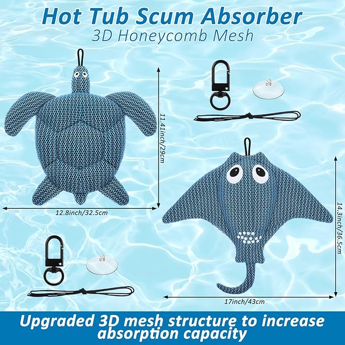 2 Pack Hot Tub Scum Absorber, 2025 Upgrade Reusable Scum Turtle and Devilfish Hot Tub Absorber Accessories Hot Tub Sponge for Spa & Pool Cleaner, Hot Tub Oil Absorbing Keeps Water Clean
