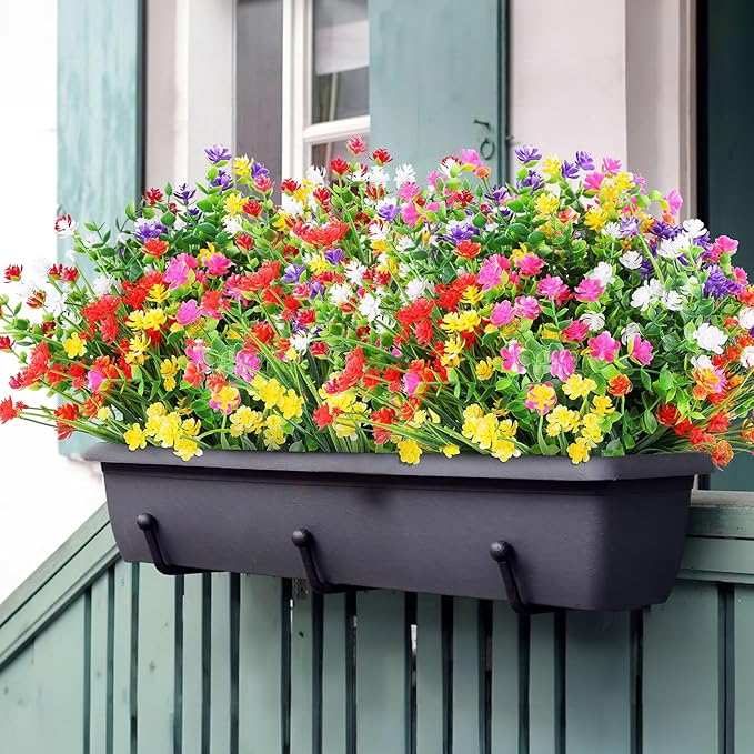 24 Bundles Artificial Flowers Outdoor,No Fade Fake Plastic Flowers Faux Plants for Decoration Hanging Planters Indoor Outside Garden Porch Window Box Home Farmhouse Wedding