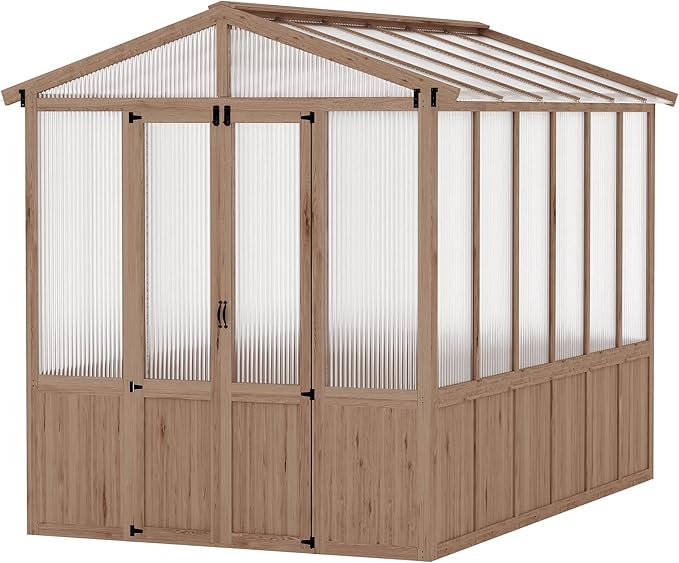 8x10FT Wooden Greenhouse with Cedar Frame, Outdoor Wood Greenhouses with Roof Vent, Wood and Polycarbonate Walk-in Greenhouse