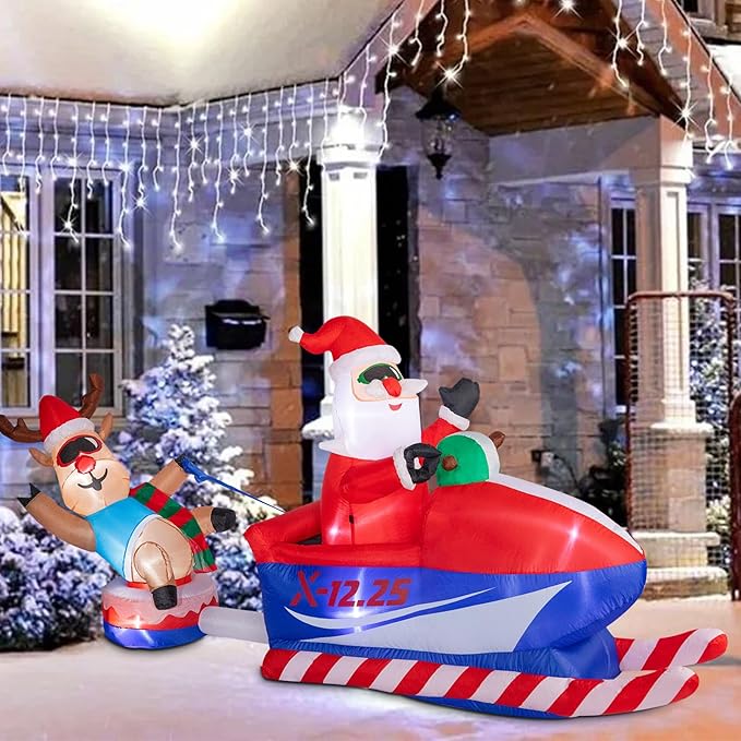 8.5 FT Christmas Inflatables Outdoor Decorations, Funny Christmas Inflatables Santa Claus and Elk Sits on a Snowmobile Blow Up Yard Decorations with Built-in Lights for Yard Lawn Garden Party Decor