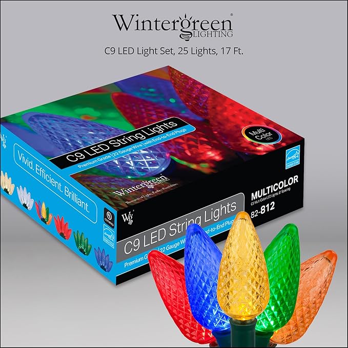 Wintergreen Lighting 25 C9 Multicolor LED Christmas Lights, 17 Ft – Outdoor C9 Christmas Lights for Holiday, Party, and Yard Decor