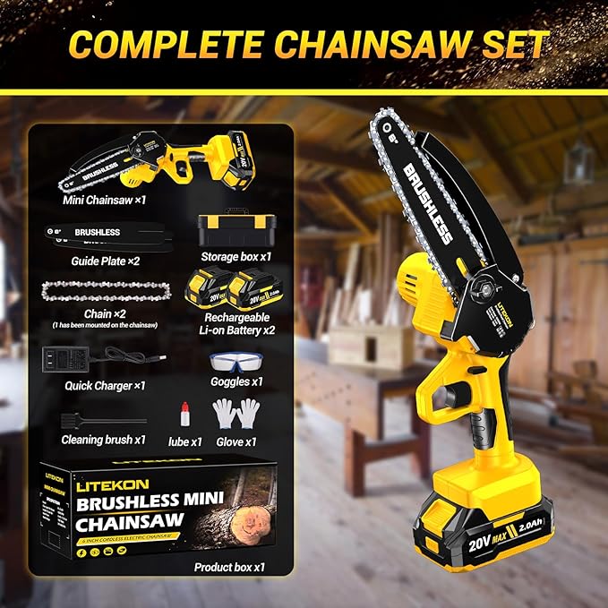 Cordless Mini Chainsaw, 1000W High Power Brushless Power Chainsaw, 2025 Upgraded 6 Inch Electric Chain Saw with 4000mAh Lithium-Ion Battery and Charger for Garden Yard Tree Branch Wood Cutting
