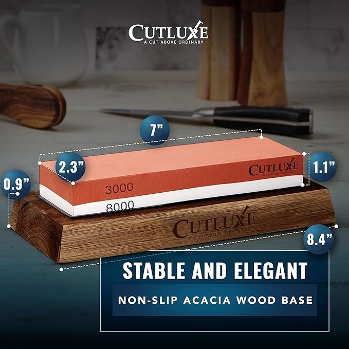 Cutluxe Whetstone Knife Sharpener – Sharpening Stone Kit, Professional 4 Side Grit 400/1000/3000/8000, Non Slip Acacia Wood Base, Angle Guide, Black Flattening Stone, Leather Strop