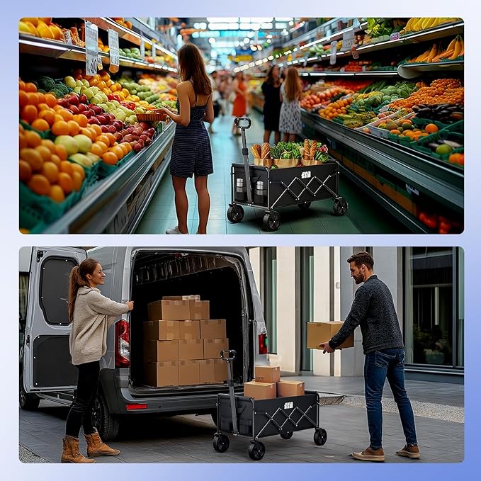 Collapsible Foldable Wagon, Folding Wagon with Wheel Heavy Duty with 180lbs Weight Capacity Lightweight Utility Camping Cart for Groceries Garden Beach Sports Fishing (Black)