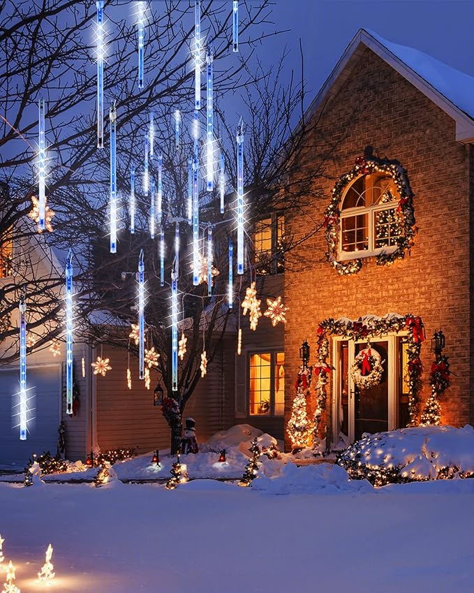 Flacchi Blue 10 Tubes 240 LED Raindrop Lights Meteor Shower Icicle Lights with Timer Function Cascading Falling Rain Light for Holiday Party Christmas Decorations