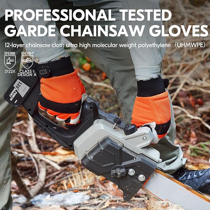 Vgo... 1Pair Chainsaw Gloves, 12-Layer Chainsaw Protection on Left Hand Back,Goat leather Work Gloves, Mechanic Gloves