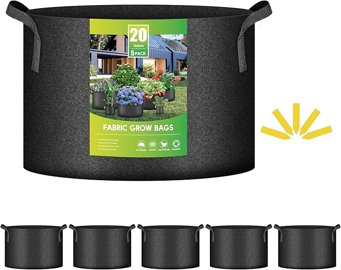 iPower 20 Gallon (Pack of 5) Plant Grow Bags Thickened Nonwoven Aeration Fabric Pots Heavy Duty Durable Container, Strap Handles for Garden, Black