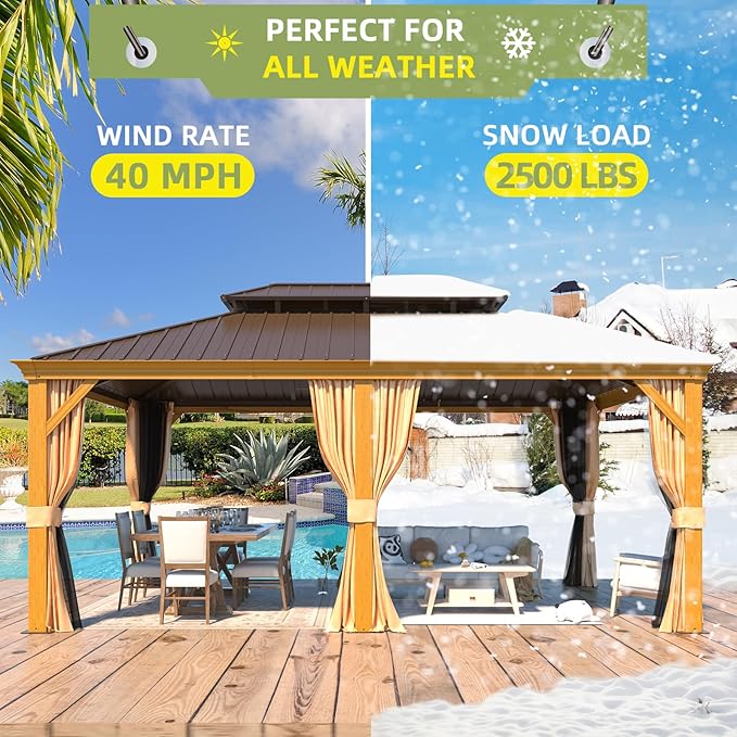 EROMMY 12'x18' Hardtop Gazebo, Galvanized Steel Double Roof with Wood Grain Aluminum Frame, Outdoor Permanent Metal Pavilion with Curtains and Nettings for Patio, Backyard and Deck