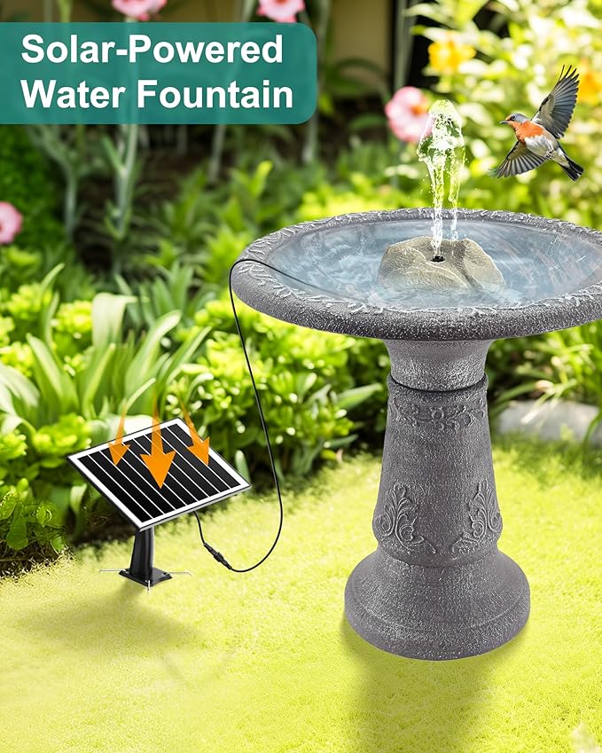 Solar Fountain for Bird Bath with Dry Run Protection Solar Powered Bird Bath Pump with 10 Nozzles,Resin Granite Rock Bird Fountain for Outdoor Water Features,Ponds,Can Cloudy Day Use(White)