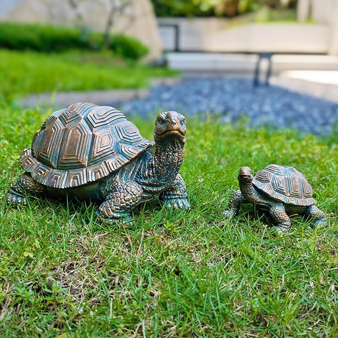 2 Pcs Outdoor Garden Turtle Statue, Cute Turtle Statue with Baby for Garden, Patio, Lawn, Outdoor Patio and Deck Decorations, Unique Housewarming Gifts