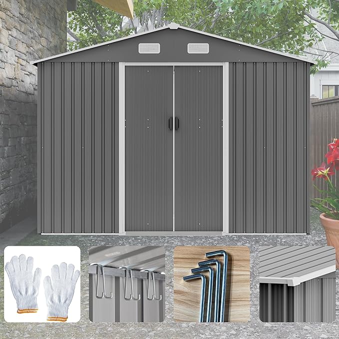 Metal Outdoor Storage Sheds 8 x 6 FT Lockable Metal Garden Shed Steel Anti-Corrosion Storage House with Double Lockable Door for Backyard Outdoor Patio
