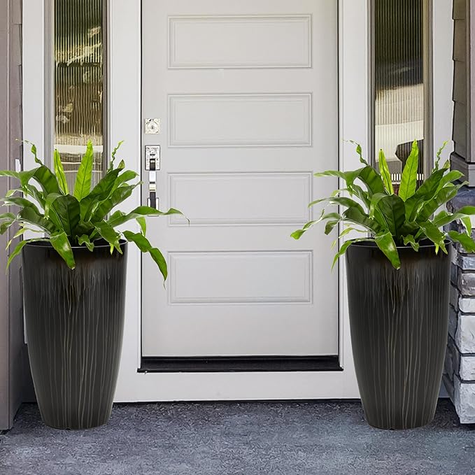 Worth Garden 23.5" H. Large Plastic Planters - Set of 2 Gradient Black Glossy Smooth Finish - Tall Plant Pots for Indoor & Outdoor Use - Decorative Lightweight Flower Pots for Front Porch, Patio, Deck