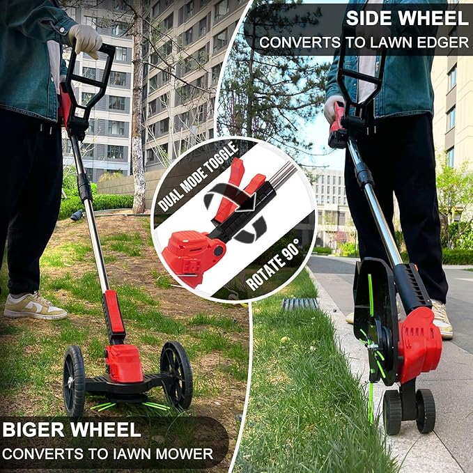 Cordless Weed Wacker Eater Battery Powered, 21V Lightweight Electric Weed Trimmer with 2 Battery Operated & Charger& Wheels & Shears, No-String Grass Trimmer/Brush Cutter/Lawn Edger for Yard Garden