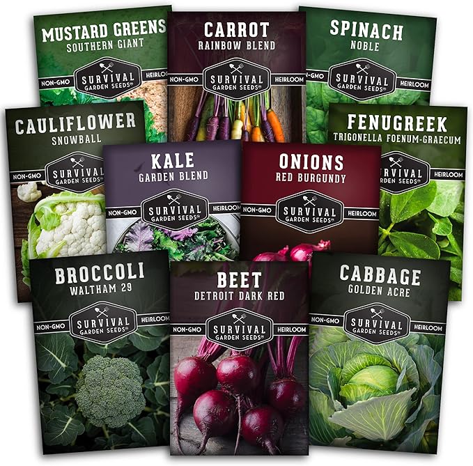 Survival Garden Seeds Spring Vegetable Seed Collection - 10 Packs with Root Veg, Leafy Greens & Cool Weather Essentials for Planting & Gardening- Non-GMO Heirloom Open-Pollinated Variety Pack