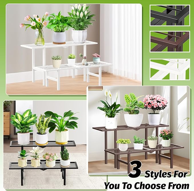 2 Tier Metal Foldable Plant Stand Outdoor Indoor Waterproof, Stackable Heavy Duty Outdoor Plant Shelf, Ladder Plant Stands Display Rack for Garden Window, White