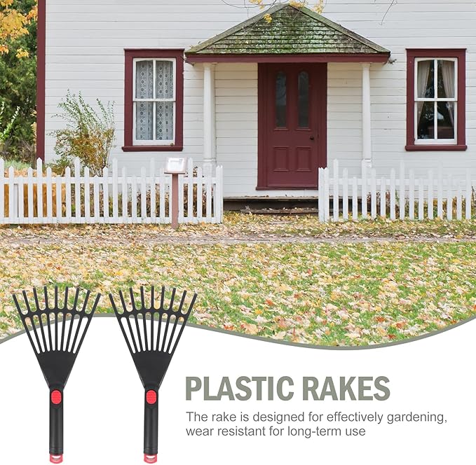 Lawn Rake Head Hand Rake Garden Tool, 2PCS Plastic Hand Rake Soil Tiller with Ergonomic Handle, Small Rake for Leaves, Gardening, Cultivating, Loosening Soil & Spreading Mulch