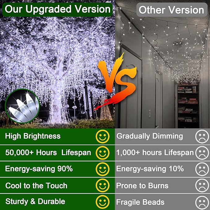 132FT 1332 LED Outdoor Christmas Lights - 296 Ice Drops, 12 Pro Modes with Timer Memory & Brightness, Waterproof Hanging Ice String Light for Holiday Wedding Garden Fence House Decor (Cool White)