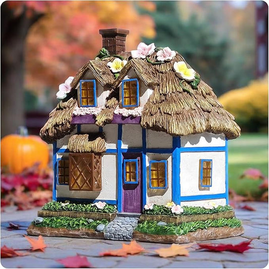 Resin Rustic Fairy Cottage Statues - M-Shaped Thatched Roof Garden Outdoor Decor with Solar Lights, Birthday Gifts for Women Mom Yard Decorations, Gardening Gifts for Patio, Balcony, Porch