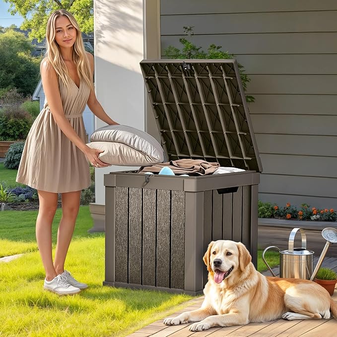 GOOBED Outdoor Storage Box, Weather-Resistant Resin Deck Box, 51-Gallon Storage Container for Patio Cushions, Pool Accessories, Garden Tools, Lockable, Easy Maintenance, Taupe