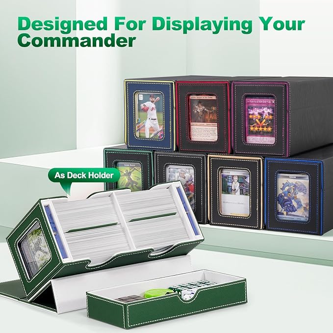 Card Deck Box for MTG, Double Card Storage Box with 2 Commander Display & 1 Dice Tray, Fits 200+ Double Sleeved Cards, Organizer for CCG TCG Sports Cards (Green White)