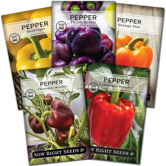 Sow Right Seeds - Sweet Bell Pepper Seed Collection for Planting a Home Garden - Red, Yellow, Purple, Orange and Chocolate Brown Bell Peppers - Non-GMO Heirloom Variety Pack Vegetable Seeds to Plant