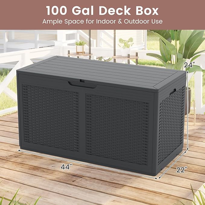 HAPPYGRILL 100 Gallon Resin Deck Box Outdoor Waterproof Storage with Lockable Lid, Rattan Texture Storage Container with Wheels for Pool Accessories, Garden Tool, Patio Furniture Cushion (Grey)
