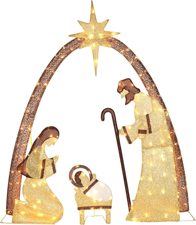 MUPATER Lighted Outdoor Christmas Decoration Nativity Scene, Lighted Christmas Yard Decor Set for Lawn and Home Holiday Party with Lights, Zip Ties and Ground Stakes, Gold