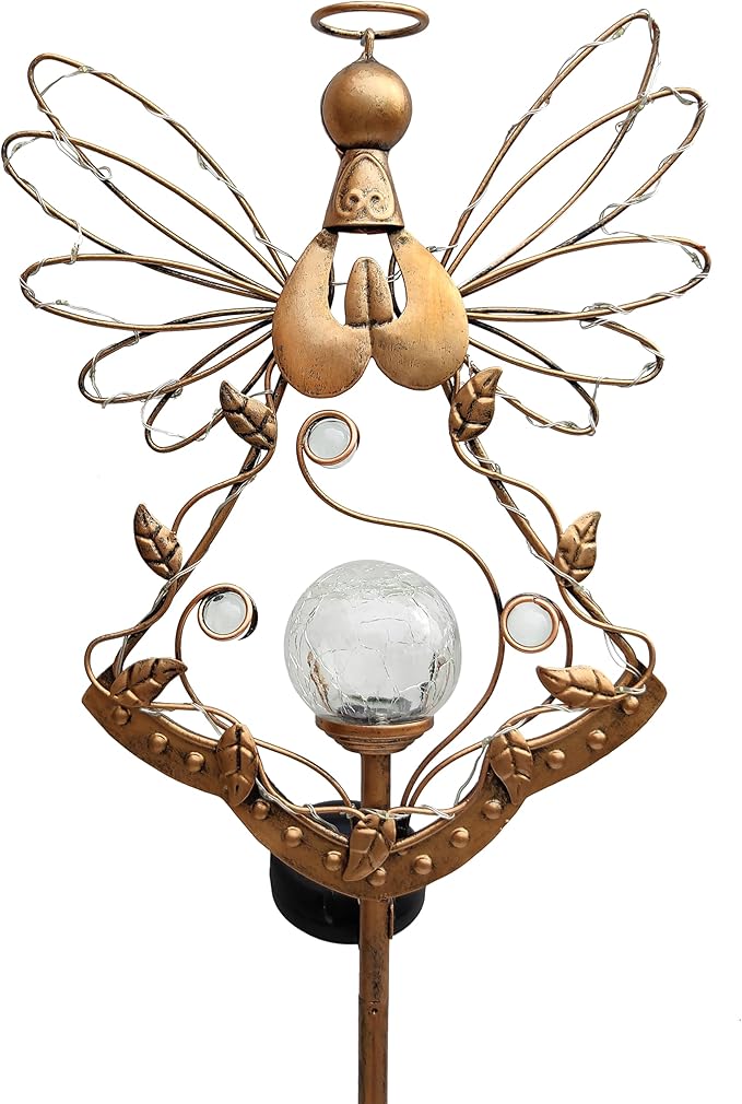 Solar Angel Outdoor Lights Garden Stake - Metal Angel Crackle Glass Ball Solar Light- Waterproof 31 White LED for Garden Lawn Patio or Courtyard Decor(Bronze)