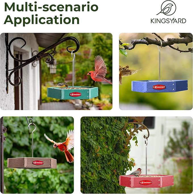 Kingsyard Heavy Duty Hanging Platform Bird Feeder Weatherproof, Recycled Plastic Tray with Metal Mesh Screen, Easy Clean Outdoor Feeder for Cardinals Bluebirds Wild Birds, Brown