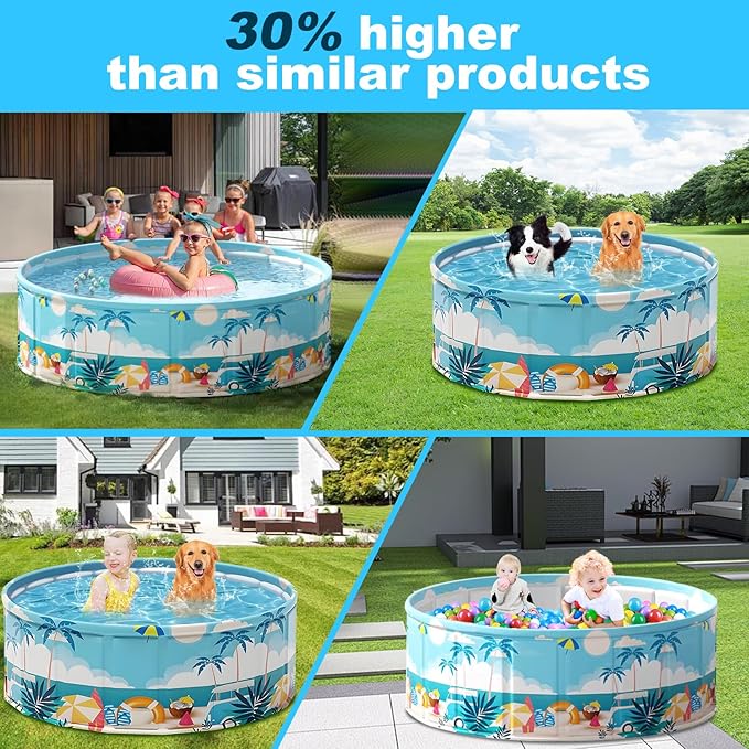Foldable Swimming Pool for Kids 48"x18" Hard Plastic Portable Dog Pool Anti-Slip Collapsible Pets Bathtub Kiddie Pool Indoor Outdoor Backyard (Beach Party 48'')