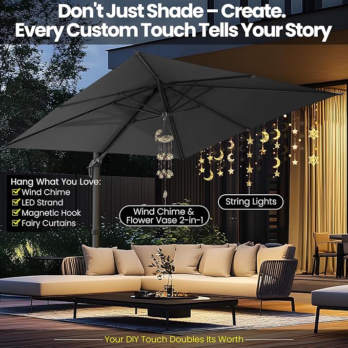 Hotime 10ft Patio Umbrella Outdoor Patio Height adjustable and Windproof, Heavy Duty Aluminum Square Offset Patio Umbrella Cantilever Pool Umbrella with 360°Rotation for Garden Deck Pool, Gray